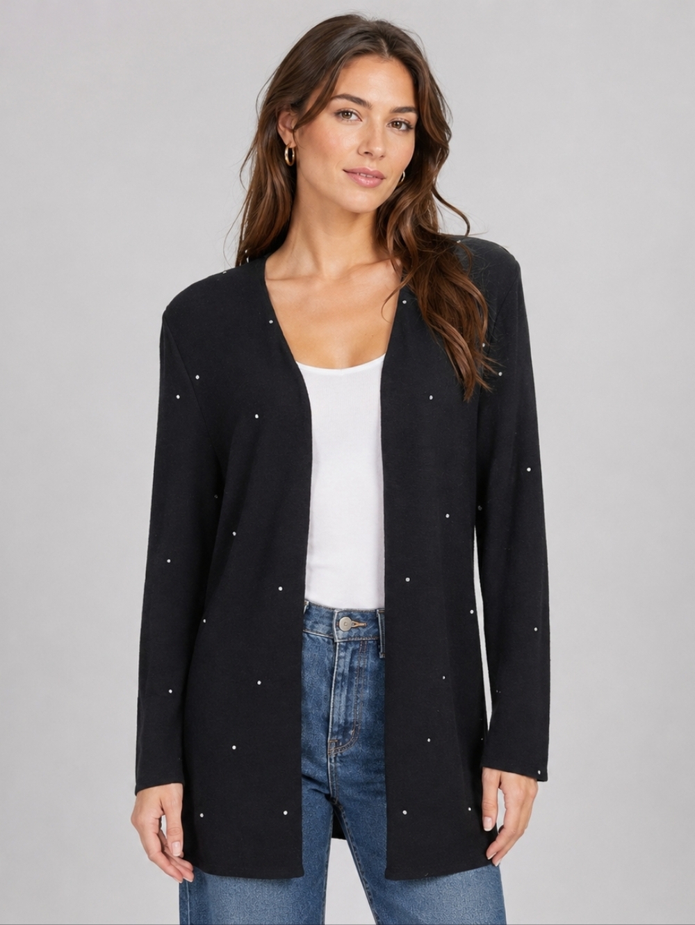 Vintage LYN KOHLS New York Size 6 Black 100% Wool Open Cardigan with Rhinestones